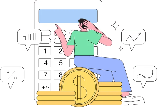 Vector Illustration Of Character Sitting On Coins With Calculator Counting Finance Planning Distributing Budget Financial Management Concept Diversification Of Money Savings Investments Assets Illustration