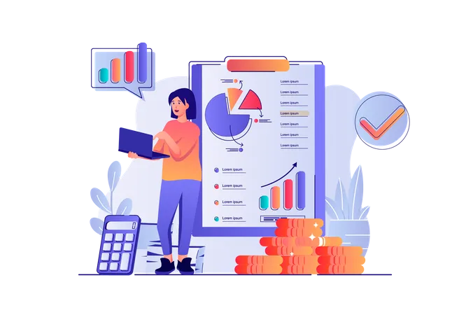 Accounting Concept With People Scene Woman Bookkeeper Making Research Of Financial Data And Statistics Company Profit Or Business Income Vector Illustration With Characters In Flat Design For Web Illustration