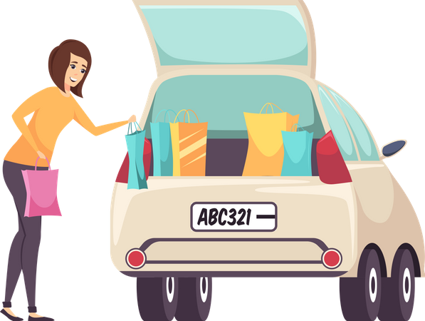 Femme accro au shopping mettant des sacs dans la voiture  Illustration