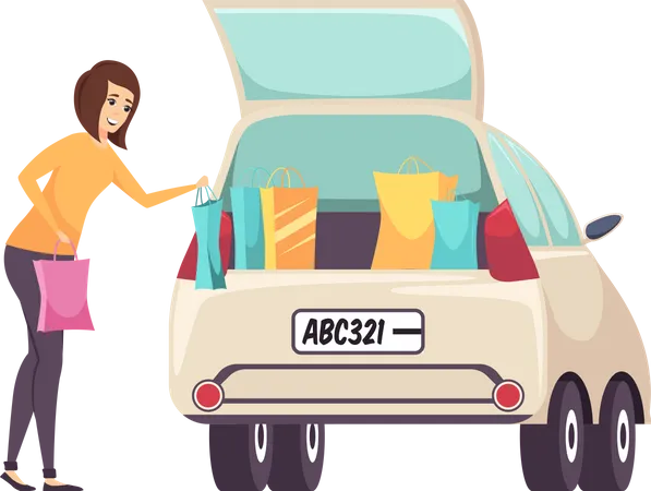 Femme accro au shopping mettant des sacs dans la voiture  Illustration