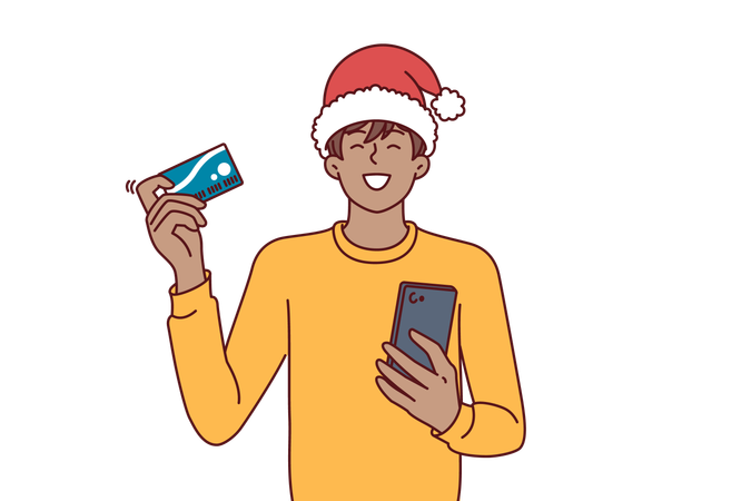 Un accro du shopping détient un téléphone et une carte de crédit pour les achats en ligne  Illustration