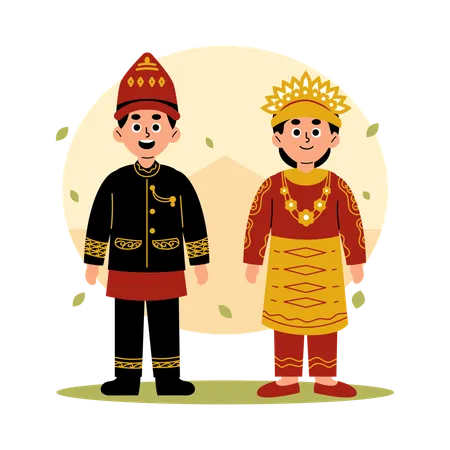 Ilustracao De Um Homem E Uma Mulher Vestidos Com Roupas Tradicionais De Aceh Mostrando A Rica Heranca Cultural Da Indonesia Ilustração