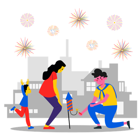Acendendo fogos de artifício na véspera de ano novo  Ilustração