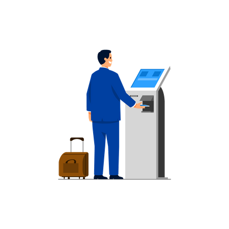 Billet de voyage d'achat de navetteur avec distributeur automatique de billets sans contact.  Illustration