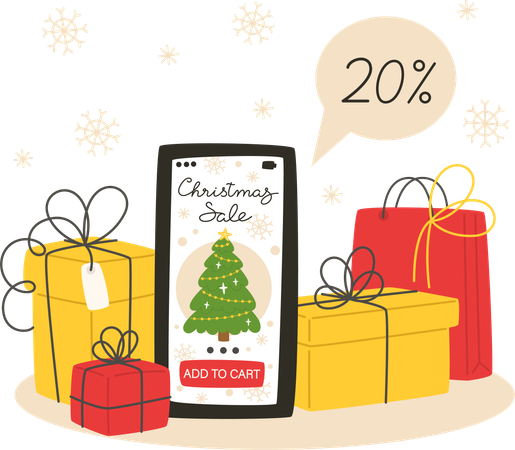 Achats de Noël en ligne à l'aide d'un smartphone  Illustration