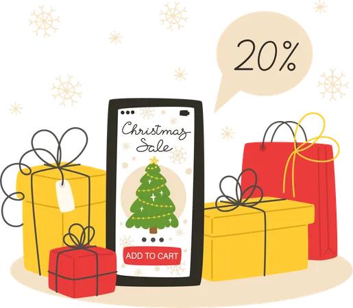 Achats de Noël en ligne à l'aide d'un smartphone  Illustration