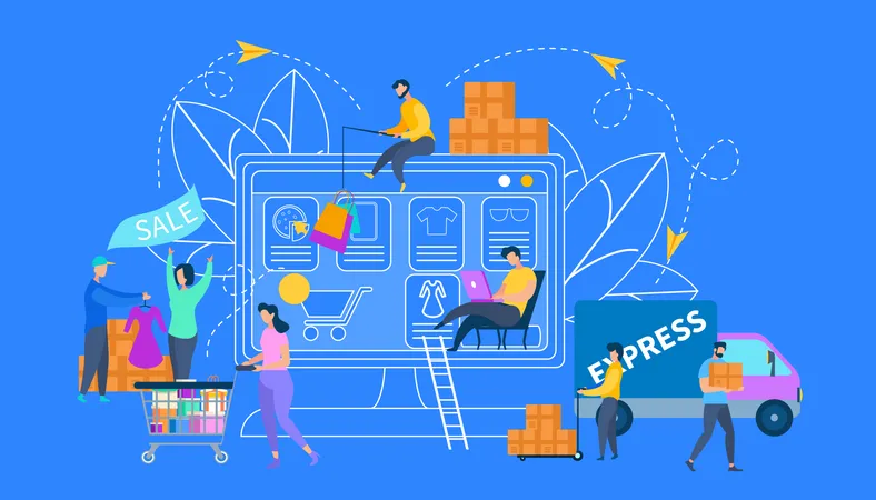 Service d'achat, de vente et de livraison en ligne  Illustration