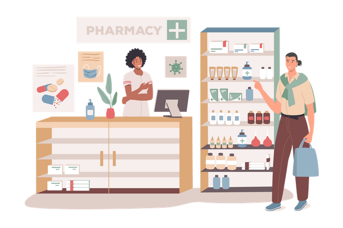 Acheteur debout en pharmacie  Illustration