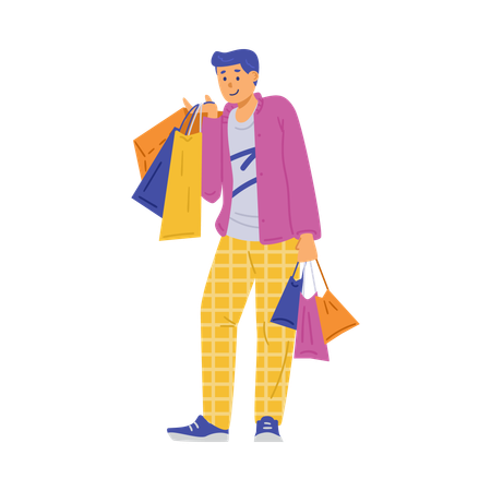 Acheteur heureux avec des sacs de magasin dans les mains  Illustration