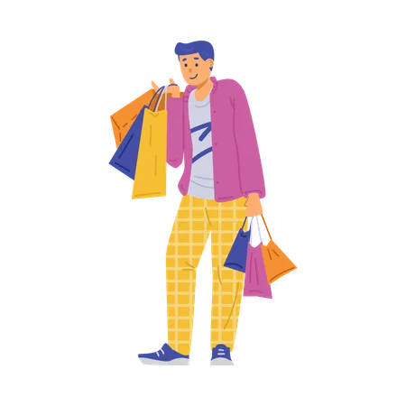 Acheteur heureux avec des sacs de magasin dans les mains  Illustration