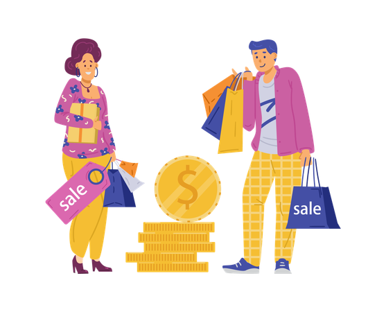 Homme et femme faisant du shopping avec des sacs et des pièces de monnaie  Illustration