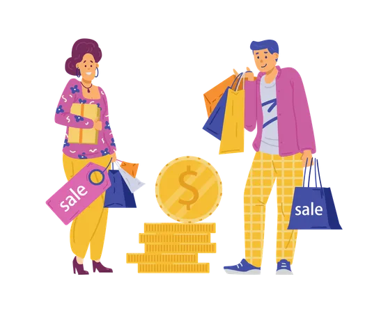 Homme et femme faisant du shopping avec des sacs et des pièces de monnaie  Illustration