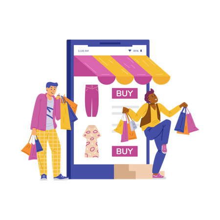 Les clients satisfaits des boutiques en ligne profitent de soldes et de réductions incroyables  Illustration