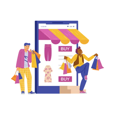 Les clients satisfaits des boutiques en ligne profitent de soldes et de réductions incroyables  Illustration