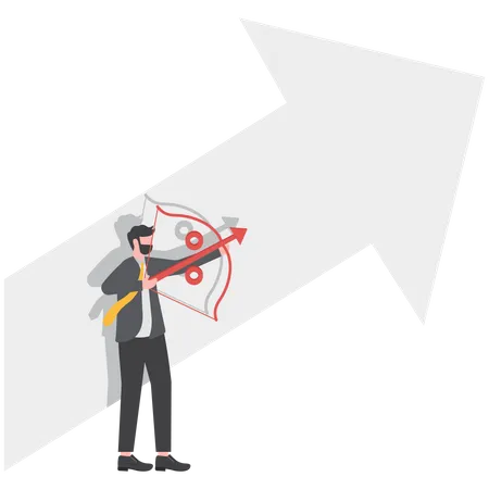 Achieve Business Goals Businessman Pulling Bow And Arrow Aiming At Target Illustration