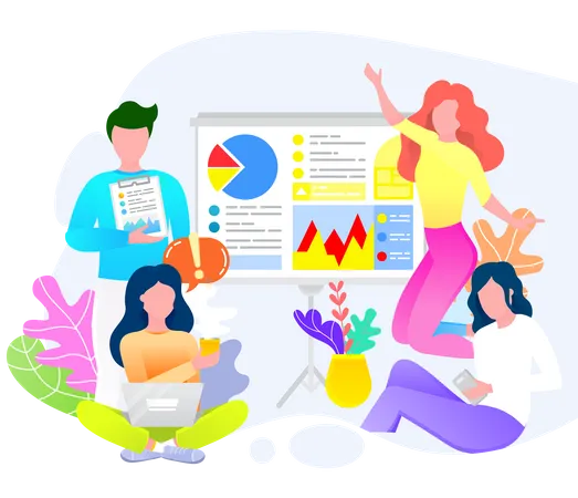 To Achieve Main Target Teamwork Of Employees Working In Office On Project Development People With Charts And Pc Analyzing Results And Details Website Or Webpage Vector Landing Page Flat Style Illustration