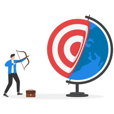 Businessman Holding Bullseye Target Bow And Arrow To Win In Business Global Strategy Achieving Business Goals Focus On Global Business Goals Modern Vector Illustration In Flat Style Illustration