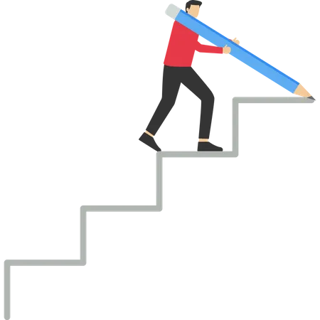 Concept Of Achieving Career Path Strategy For Achieving Business Targets Successful Business Development Smart Businessman Using Big Pencil To Draw Ladder And Walking Up Stairs Illustration