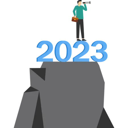 Motivation In 2023 The Man At The Top Of The Mountain With The Number 2023 Is Looking At The Future Standing Proudly On The Top Of The Hill Achieving Personal Goals Victory Concept Flat Vector Illustration Illustration