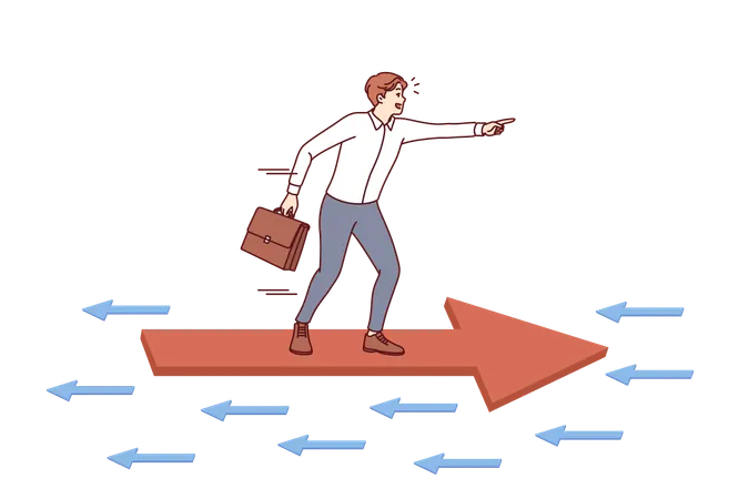 Ações de oposição do investidor agindo de forma diferente, parado sobre uma seta voando na direção oposta  Ilustração