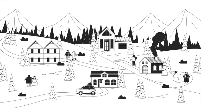 Acogedora ciudad invernal en medio de bosques y montañas nevadas  Ilustración