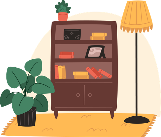 Acogedor salón con estantería y plantas en macetas.  Ilustración