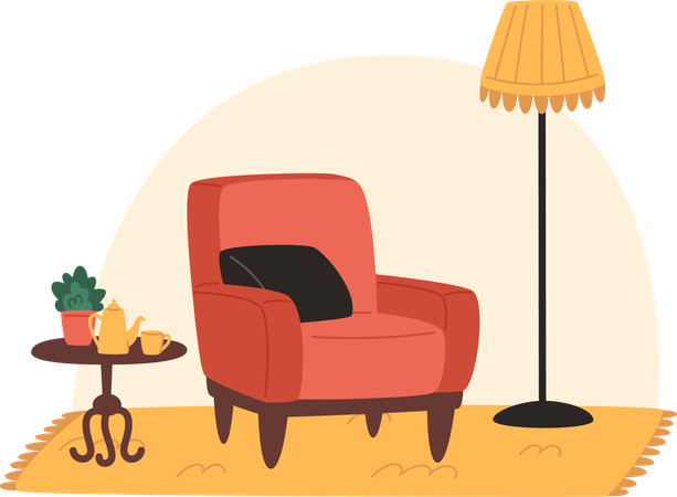 Acogedor salón con sillón con mesa de café y bebida caliente.  Ilustración