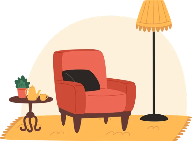 Acogedor salón con sillón con mesa de café y bebida caliente.  Ilustración