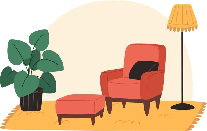 Acogedor salón con sillón y plantas en macetas.  Ilustración