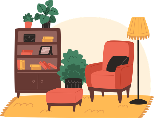 Acogedor salón con sillones, estantería y plantas en macetas.  Ilustración