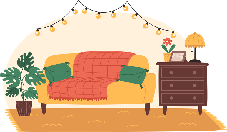 Acogedor salón con sofá y macetas decoradas con guirnaldas y bombillas  Ilustración