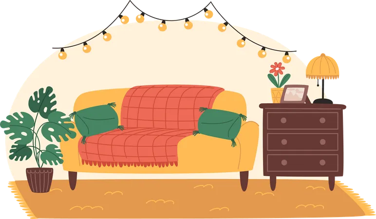 Acogedor salón con sofá y macetas decoradas con guirnaldas y bombillas  Ilustración
