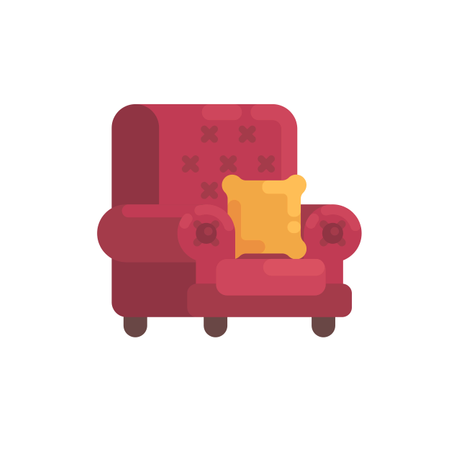 Acogedor sillón rojo con almohada naranja  Ilustración