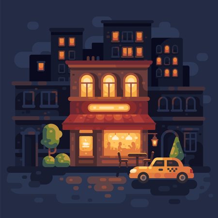 Acogedora escena de cafetería de dos pisos en la calle nocturna  Ilustración