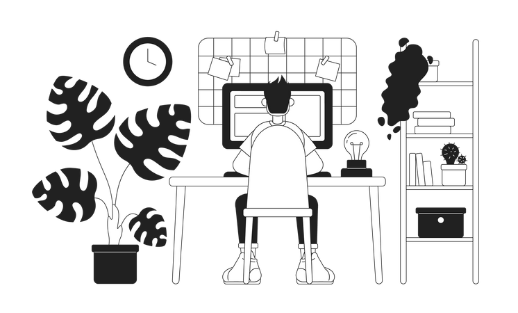 Configuración acogedora de oficina en casa con un profesional independiente  Ilustración