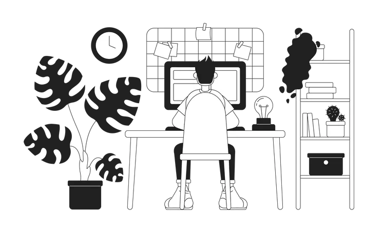 Configuración acogedora de oficina en casa con un profesional independiente  Ilustración