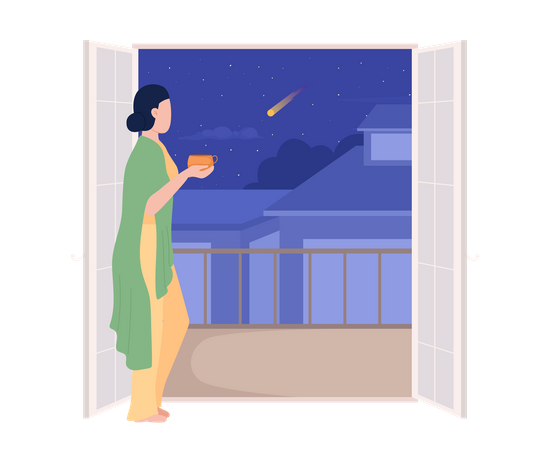 Mujer acogedora con taza mirando desde el balcón  Ilustración