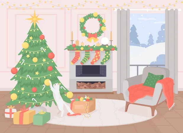 Acogedora sala de estar decorada para Navidad.  Ilustración