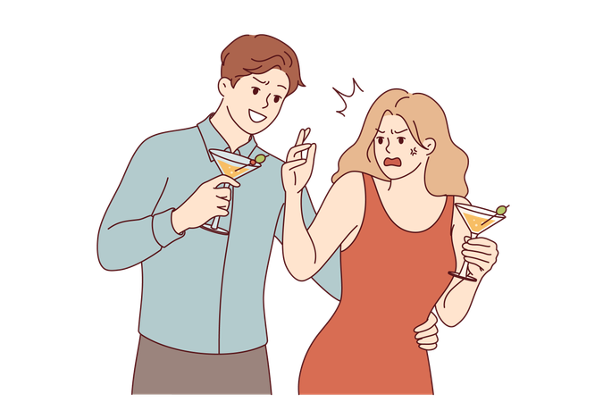 Acoso durante fiesta por parte de hombre que muestra señales de atención a mujer que no quiere comunicarse  Ilustración