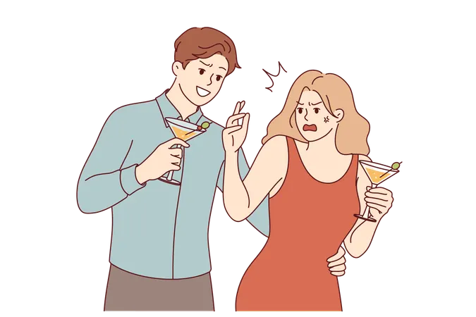 Acoso durante fiesta por parte de hombre que muestra señales de atención a mujer que no quiere comunicarse  Ilustración