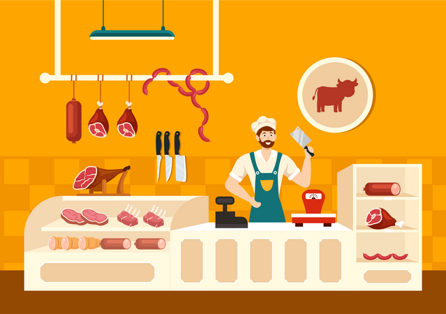 Açougueiro cortando carne com cutelo  Ilustração