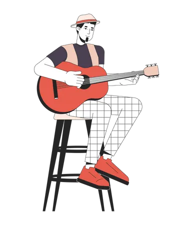 Acoustic Guitarist Plucking Strings Line Cartoon Flat Illustration Caucasian Adult Man Sitting On Bar Stool 2 D Lineart Character Isolated On White Background Music Festival Scene Vector Color Image Illustration