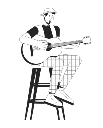 Acoustic Guitarist Plucking Strings Black And White Cartoon Flat Illustration Caucasian Man Sitting On Bar Stool 2 D Lineart Character Isolated Music Festival Monochrome Scene Vector Outline Image イラスト