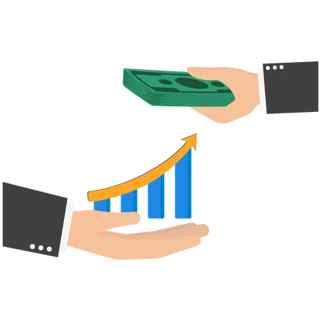 Acquisition Or Buying Business With Promising Future Takeover Concept Entrepreneur Hand Giving Wad Of Banknotes To Receive A Well Growing Bar Graph From Another Hand Illustration