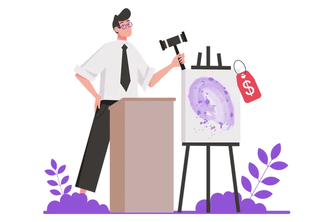Auction Business Concept In Flat Design Male Seller With Hammer Puts Up For Sale Lot With Abstract Modern Painting For Making Bids Vector Illustration With Isolated People Scene For Web Banner Illustration