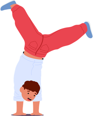 Active boy child practicing handstand with head upside down  Illustration