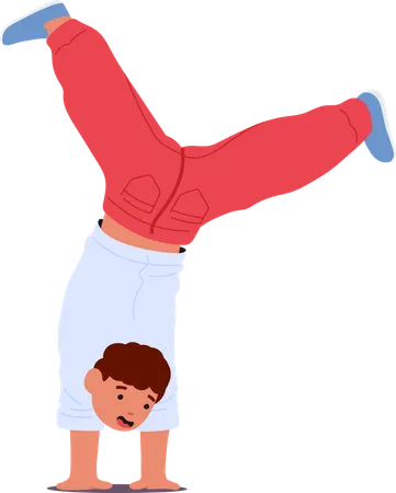 Active boy child practicing handstand with head upside down  Illustration