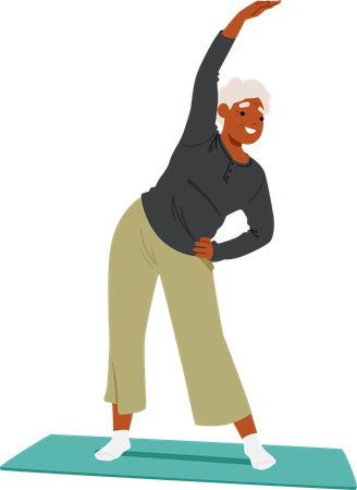 Active Elderly Woman In Sportswear Stretching Her Arms On Yoga Mat  Illustration