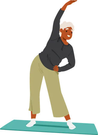 Active Elderly Woman In Sportswear Stretching Her Arms On Yoga Mat  Illustration