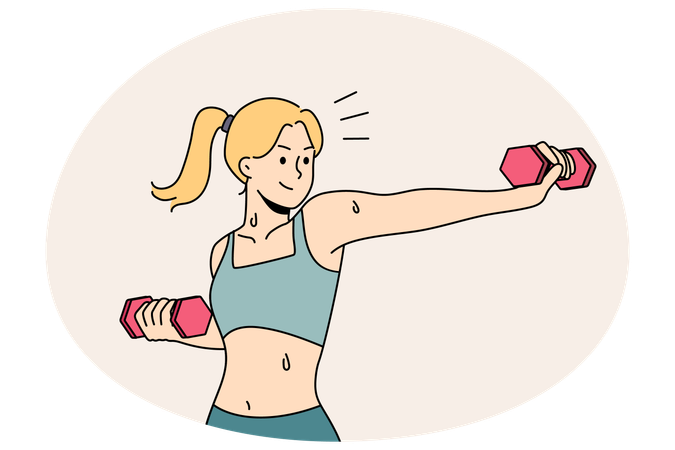 ダンベルを使って体型を整えるトレーニングをするアクティブで健康的な若い女性  イラスト